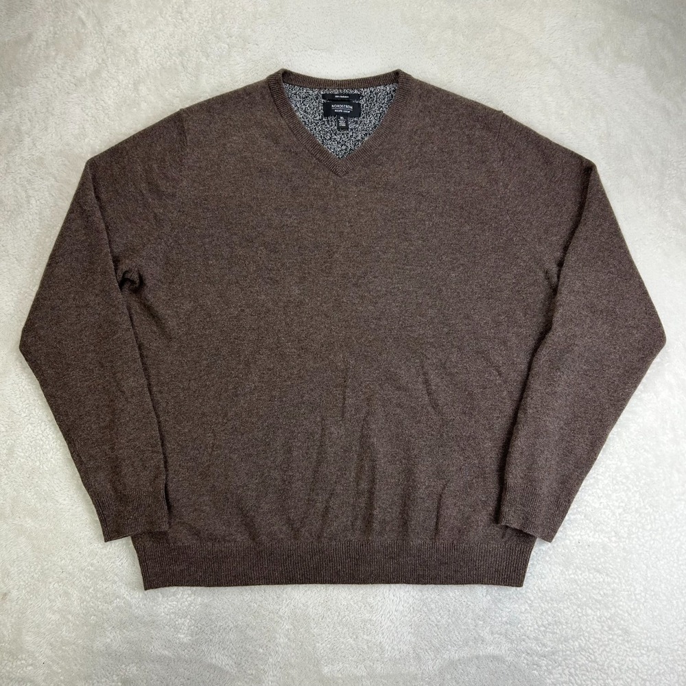Nordstrom Sweater Mens XL Brown V-Neck Cashmere Knit Winterwear Outdoor Pullover